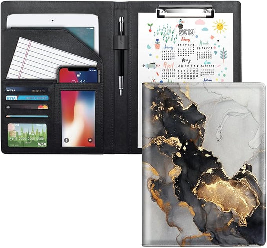Padfolio Business/Resume Portfolio Folder, Marble Leather Interview Organizer with Legal Pad Folder Clipboard for Men/Women, Black+Gold