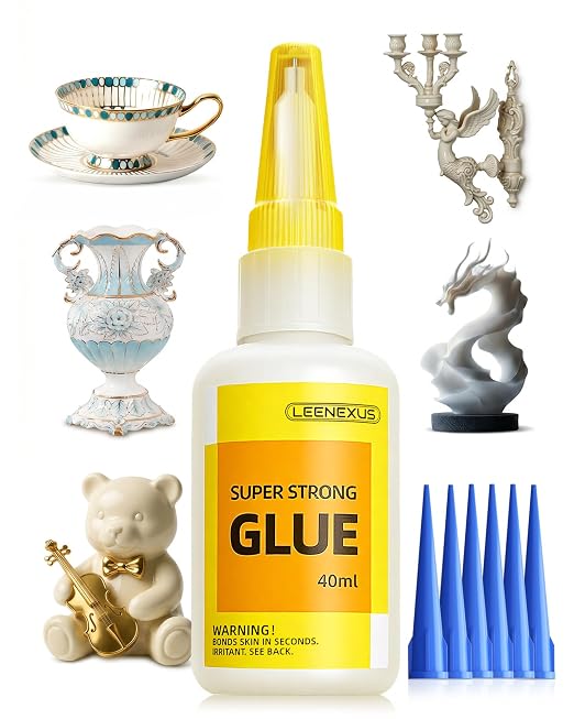 Super Glue for Ceramic – 40ML Liquid CA Adhesive | Heavy Duty Instant Bond, Waterproof Clear Repair with 6 Precision Tips for Porcelain, Pottery, China, Stoneware, Clay & More