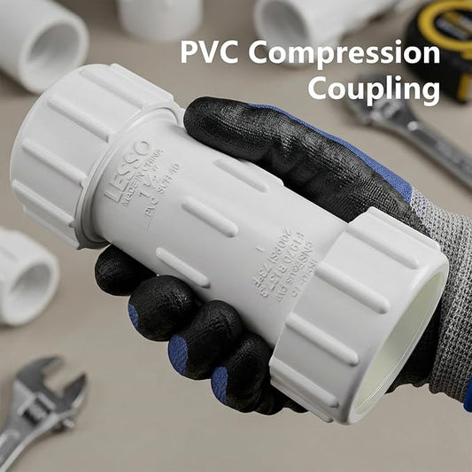 LESSO 1-1/2 Inch PVC Compression Coupling (Gasket x Gasket),Leak-Free Pipe Connector for Plumbing & Irrigation