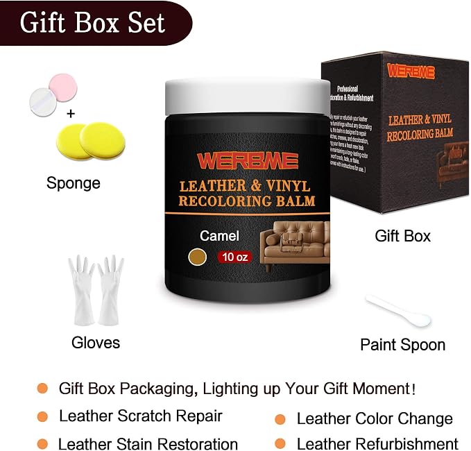 Leather Recoloring Balm & Color Restorer, Camel, 10 OZ | Restore Faded Leather Color, Cover Scratches & Scuffs. Easy DIY Application for Furniture, Sofa, Car Seats, Bags & Shoes