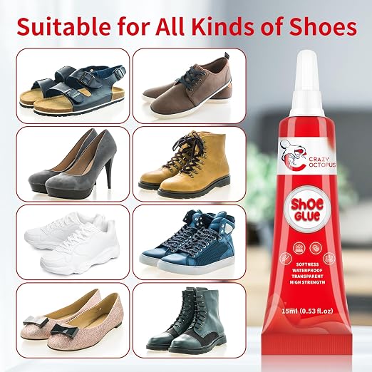 Shoe Glue, Strong Clear Shoe Repair Glue for Sneakers, Boots, Handbags, Soles, Heels, Super Glue for Shoes, Works on Leather, Rubber, Canvas, 15ml Tube x 2