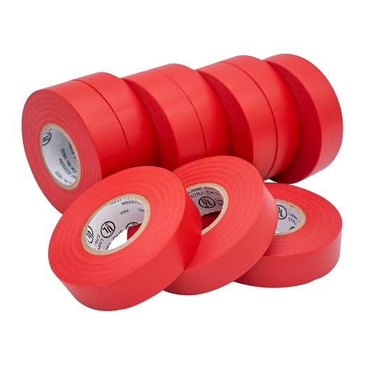 TradeGear Red 10 Pack - UL Listed Colored Electrical Tape, 60 ft x 3/4 in, 600V, Flame Retardant, Waterproof, Rubber Adhesive - Phase Marking, Wire ID, Automotive