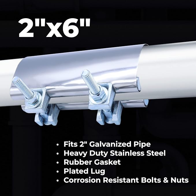 Stainless Steel One-Piece Galvanized Repair Pipe Clamp with Two Bolts, 2” X 6” inches | Water Pipe Repair, Plumber Pipe Holder, Copper Pipe Leak Repair Kit