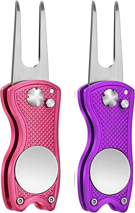 Mile High Life Golf Divot Repair Tool, All Metal Foldable Divot Tool with Pop-up Button & Magnetic Ball Marker, 2-6 Pack