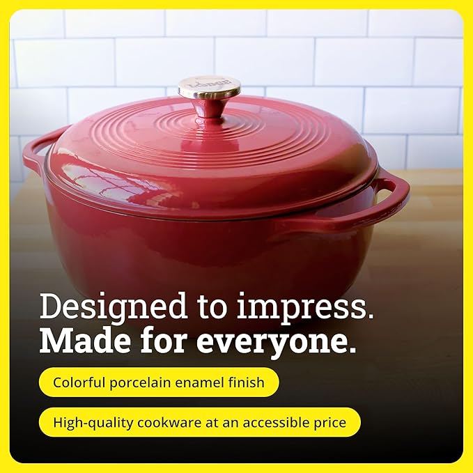 Lodge Essential Enamel Cast Iron Dutch Oven 6 Quarts - Perfect for Bread Baking, Braising, Marinating & Slow Cooking, Features Moisture-Sealing Lid & Dual Handles, Kitchen Essentials, Cranberry