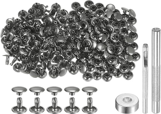 HARFINGTON 100 Sets Leather Rivets 8 x 9mm Metal with 3 Setter Tools Gunmetal