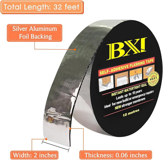 BXI Flashing Roll Tape Membrane, 2 inches X 32 Feet Thick Waterproof Patch Seal Tape, Self-Adhesive SBS Modified Rubberized Asphalt, Deck Seam Joist Leak Sealant for Roof Window Gutter Repair Outdoor