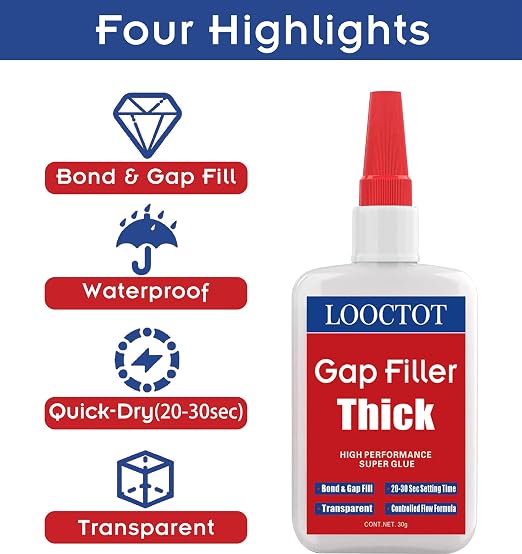 LOOCTOT 60g(2.12 oz) Gap Filler Thick Super Glue Premium Adhesive,CA Glue for Woodworking, Woodturning, Hobby Models, Glass, Plastic, Rubber, Metal.Quick-Dry Waterproof Clear