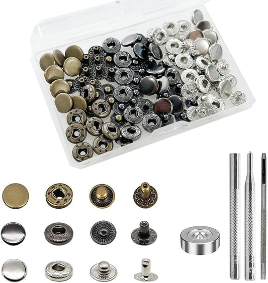BetterJonny 24 Sets Heavy Duty Leather Snap Fasteners Kit, 10mm Metal Snap Buttons Press Studs Leather Rivets Snaps with 4 Setter Tools for Clothes Bracelet Jackets Jeans, 3 Color