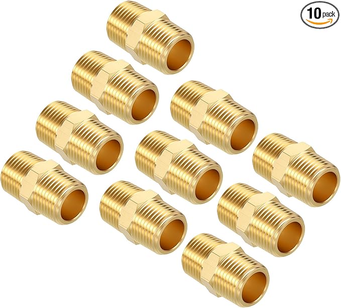 Pack of 10, 3/8" NPT Male to 3/8" NPT Male Solid Brass Hex Nipple Hose Connectors, Male Pipe Adapter for Pipe Leak Repair, Bathroom Remodeling, Tool Extensions, Compression
