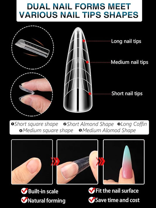 TOROKOM 288PCS Nail Dual Forms for French Nails, Dual Nail Forms Molds Acrylic Nail Tips, 144PCS Duet System Dual Forms Sticker Silicone Reusable Pads, 12 Styles Scale for Manicure Extension, Clear