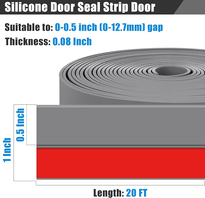 Draft Seal Tape for Doors and Windows 1 in x 20 Ft Silicone Weather Stripping Extra Thick 2mm Door Seal Strip with Strong Adhesive Draft Insulation Stopper Side Seal - Gray