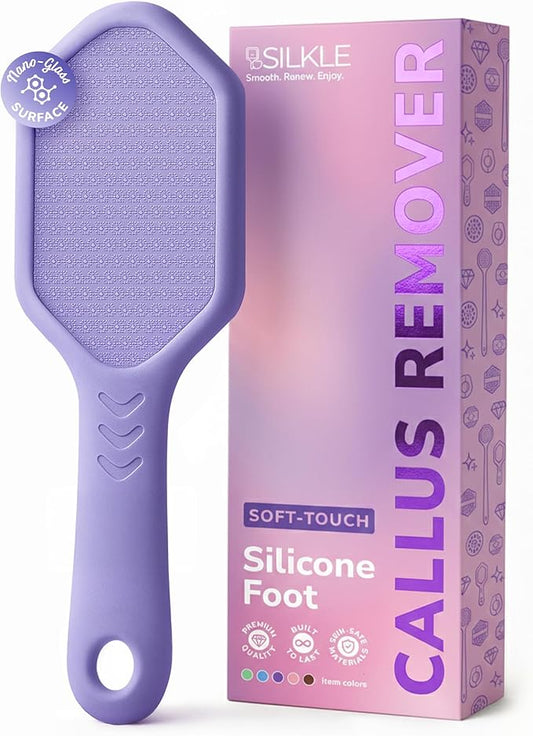SILKLE Nano Glass Foot File - Silicone Foot Callus Remover for Feet and Cracked Heels - Heel Scraper for Dead Skin - Ergonomic Foot Scrubber & Exfoliator for Shower with Non-Slip Grip - Purple