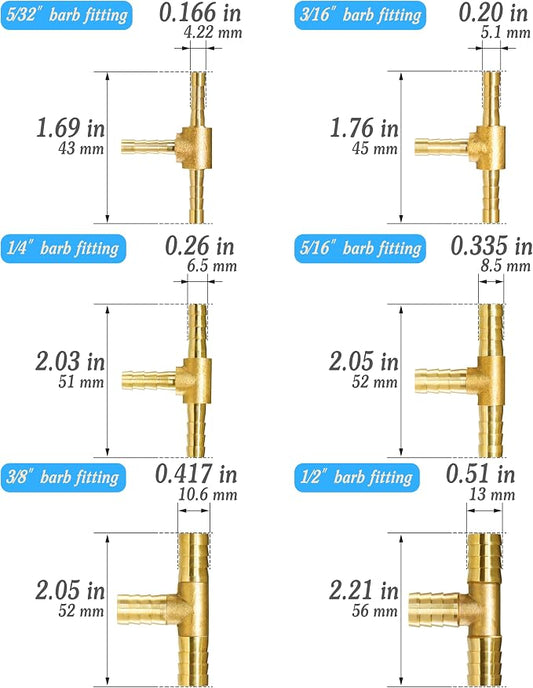 Brass Hose Tee Shaped 3 Way Barb Fitting 5/32" 3/16" 1/4" 5/16" 3/8" 1/2" Splicer Mender Assortment Kits with Stainless Steel Pipe Clamps air hose repair kit for Gas/Fuel/Air