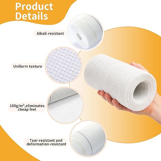 Fiberglass Mesh Roll for Stucco & Wall Repair –39 in, 107.6 Sq.Ft. Coverage,160g/㎡ Alkali Resistant Fibreglass Reinforcing Mesh, Non-Adhesive Fiber Patch for Plaster, Render, Tile,Gypsum Walls.