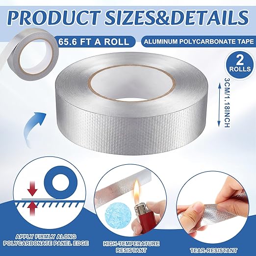 Fuyoooo 4 Pack Greenhouse Tape Set, 2 Rolls 1" x 65.6ft Vented Tapes 2 Rolls 1.18" x 65.6ft Aluminum Tapes, Waterproof Self Adhesive, UV Resistantheat Resistant for Greenhouse Roofing Outdoor Repairs