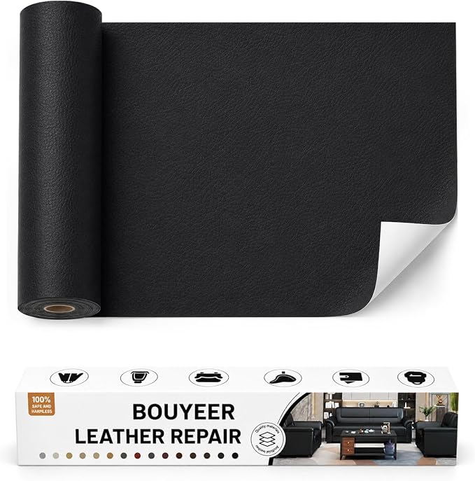 BOUYEER Leather Repair Patch Tape Kit,Self Adhesive Leather Repair for Sofa，Car Seat,Office Chair,Furniture,Jacket,Waterproof Strong Adhesive Vinyl Repair Kit. 17 in x 79 in,Black
