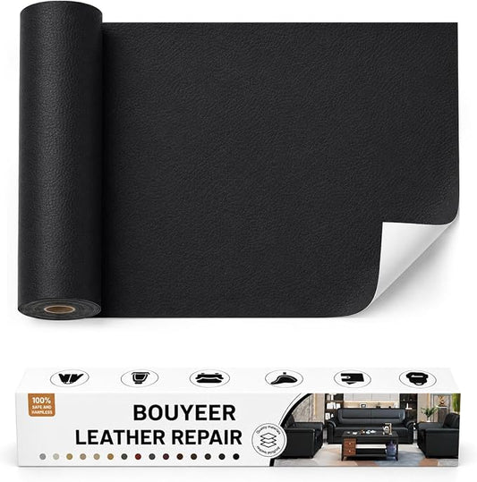 BOUYEER Leather Repair Patch Tape Kit,Self Adhesive Leather Repair for Sofa，Car Seat,Office Chair,Furniture,Jacket,Waterproof Strong Adhesive Vinyl Repair Kit. 16 in x 31 in,Black