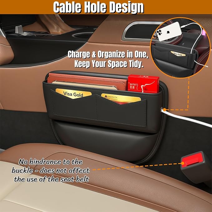 BLIRITEL Car Seat Gap Filler Organizer with Charging Hole, PU Leather Car Seat Gap Plug with Storage Slot, Car Console Side Organizer for Phone, Keys & Cards (Black)