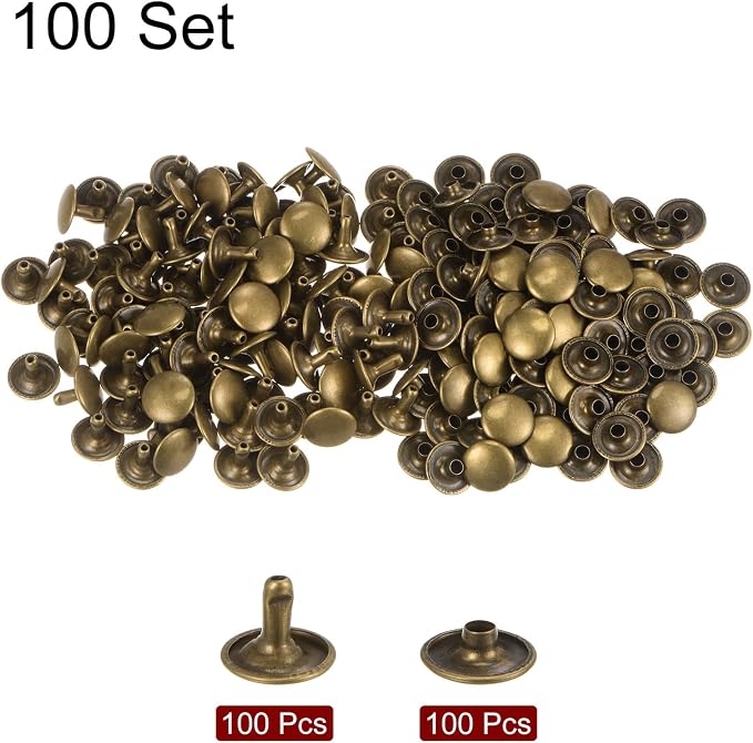 HARFINGTON 100 Sets Leather Rivets 10 x 12mm Metal Double Cap Rivet Snaps Studs Fasteners with 3pcs Setting Tools for Leather Craft DIY Repair Decoration, Bronze