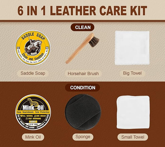 Leather Boot Care Kit, Mink Oil & Saddle Soap for Leather Cleaning & Leather Boots, 6-in-1 Leather Shoe Care Kit