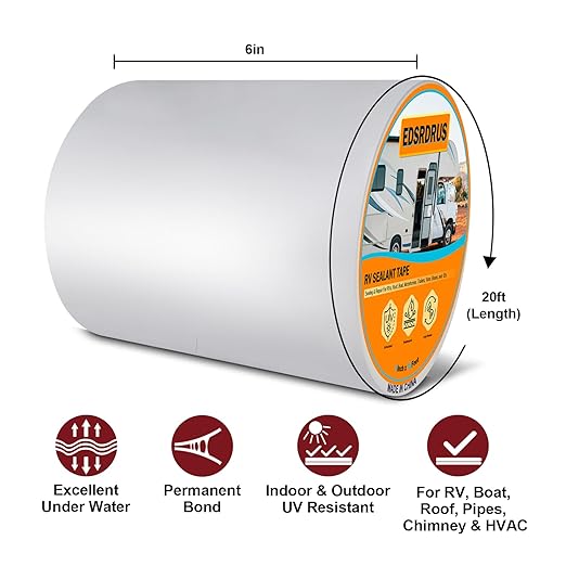 EDSRDRUS RV Roof Tape, Heavy-Duty Adhesive Butyl Seal Tape Waterproof UV-Resistant for RV Repair, RV Sealant Tape for Boat, Camper Roof Leaks (White, 6inch*20ft)