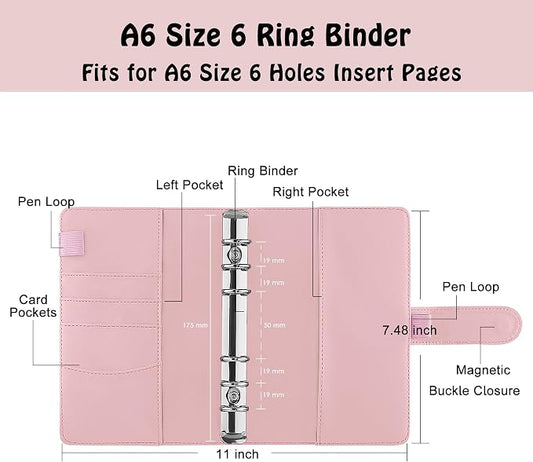 Antner A6 PU Leather Notebook Binder 6 Ring Refillable Budget Binder Cover for A6 Refill Paper, Loose Leaf Personal Planner Organizer with Magnetic Buckle for School, Office, Travel & Photocard, Pink