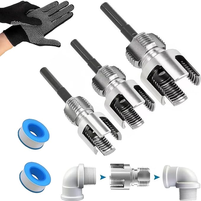 4 in 1 Water Pipe Wrench, 1/2'' 3/4'' 1'' PVC Pipe Threader Kit, Integrated Internal & External Pipe Threading Tool, 4 in 1 Water Pipe Threader Tool for Plumbing Projects Home Repairs (1/2"+3/4"+1")
