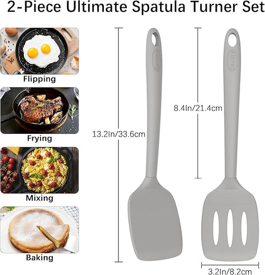 Coukre 2 Pack Silicone Spatula Set, High Heat Resistant, BPA Free Kitchen Spatula, Solid & Slotted Turner for Non-Stick Pans, Sautéing, and Flipping(2, PureGray)