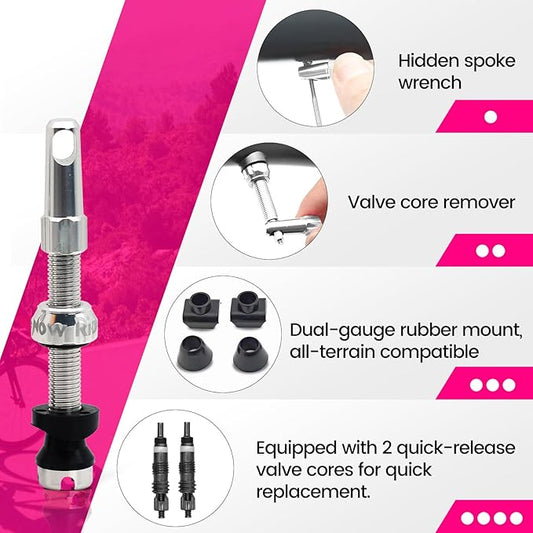 RideNow Tubeless Presta Valve Stems, 45mm Super Light 7075 Aluminum Alloy Presta Tubeless Valve Stem Kit with Valve Core Remover Tool and Valve Stem Caps, Multiple Color and Size Options(Pair), Silver
