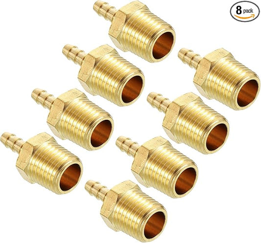 Pack of 8 Brass Hose Barbed Fittings Adapter Connector 1/8" Hose Barb to 1/4" NPT Male Fittings for Home Machines, Massage Bathtubs, and Irrigation Systems