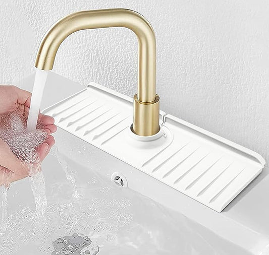 YATOISUR Sink Splash Guard 14.4” x 5.4” - Sink Faucet Mat with Faucet Water Catcher Mat & Soap Dish & Sponge Holder 3 in 1 - Silicone Faucet Handle Drip Catcher Tray for Kitchen RV & Bar Faucet, White