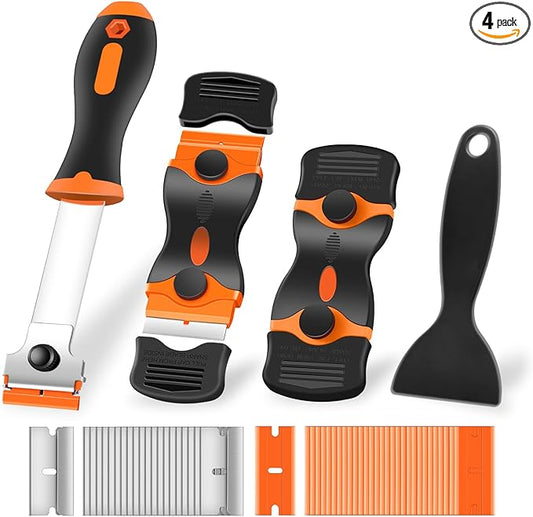 NECAMOCU 4 Pack Razor Blade Scraper, Premium Cleaning Scraper Tool with 50 PCS Metal & Plastic Razor Blades, Multi-Purpose Glass Scraper for Windows, Sticker, Decals, Cooktop, Paint Removal (Orange)