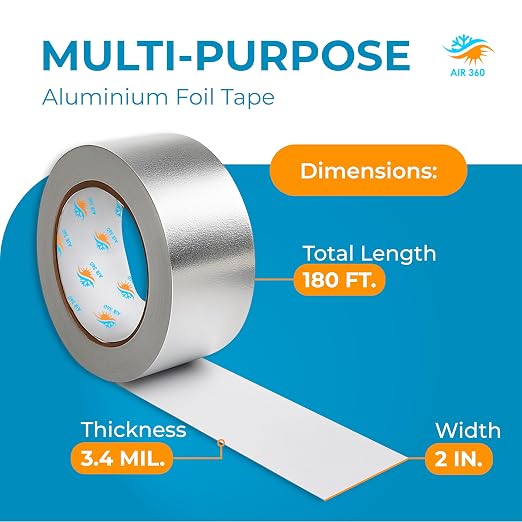 Air 360 Aluminum Foil Tape 2 Inch x 180 FT - HVAC Foil Tape for Ductwork, Dryer Vent, AC & Pipe Insulation - Heavy Duty High Temp Heat Resistant Metal Duct Tape, Waterproof Aluminum HVAC Tape