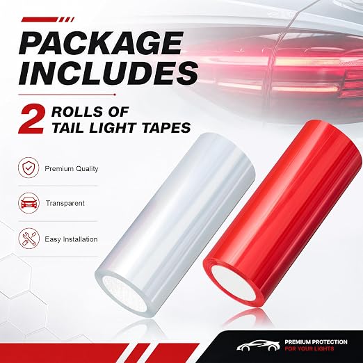 Patelai 2 Rolls 13.12 ft X 3.74 Inches Self Adhesive Repair Light Tape Auto Tail Light Fog Lights Headlight Lens Tint Tape (Red, Clear)