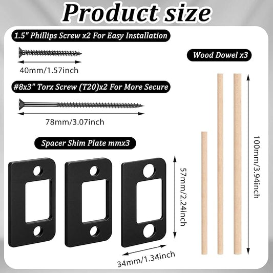 Door Strike Plate, 3 Thickness Sizes Standard Door Strike Spacer Shim Plates Stainless Steel Door-Gap Blocker Kit Doors Latch Plate with 3 Wood Dowel Strips and 4 Adapter Screw for Doors Frame Repair