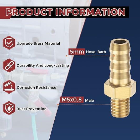 Pack of 4 Brass Hose Barb Fittings Adapter Connector 5mm Hose Barb to M5x0.8 Male Fittings for Home Machines, Massage Bathtubs, and Irrigation Systems