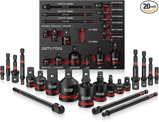 GETLITOOL 20Pcs Socket Adapter Set, Universal Joint Socket Set with Drive Adapters & Extension Bars, 42CRMO Steel, Rust-Resistant, EVA Foam Organizer for DIY, Automotive, and Repairs