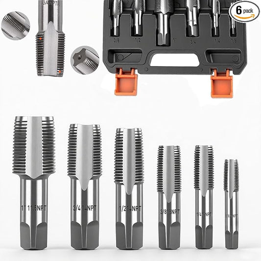 HORUSDY 6-Piece NPT Pipe Tap Set, Carbon Steel Threading Tool Kit for Pipe Taper Threads, Sizes 1/8", 1/4", 3/8", 1/2", 3/4" & 1", Durable Plumbing Tap Set with Storage Case