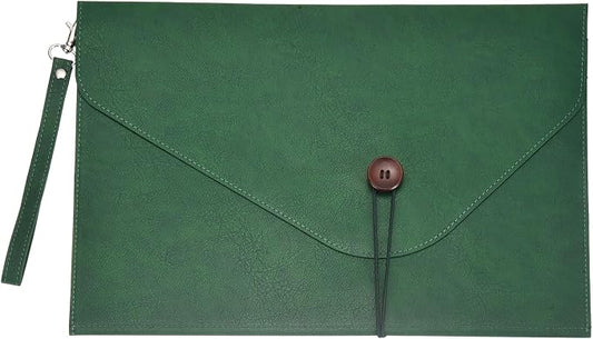 PATIKIL Leather Folder, 14x10 Leather Document Holder File Folder PU Pouch Bag Portfolio File Organizer Handbag Button Personal Envelope Waterproof for Traveling Men Gift, Green