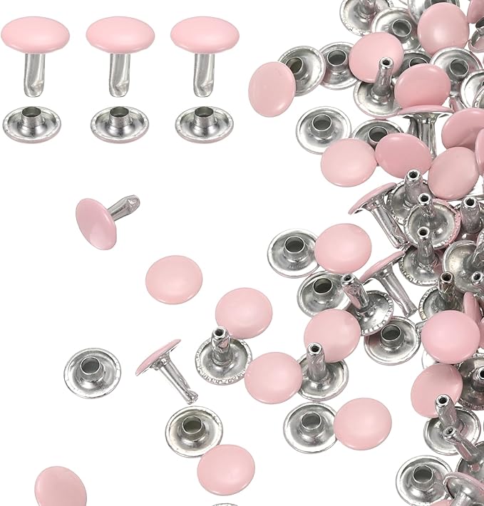 HARFINGTON 100 Sets Double Cap Leather Rivets, 10x10mm Round Cap Tubular Metal Studs Leather Crafting Rivets for Fabric Belt Pet Collar Boot Bag Repair and Decoration, Pink