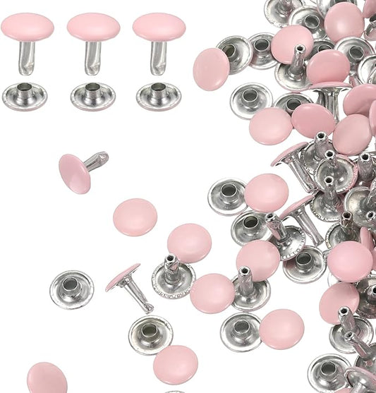HARFINGTON 100 Sets Double Cap Leather Rivets, 10x10mm Round Cap Tubular Metal Studs Leather Crafting Rivets for Fabric Belt Pet Collar Boot Bag Repair and Decoration, Pink