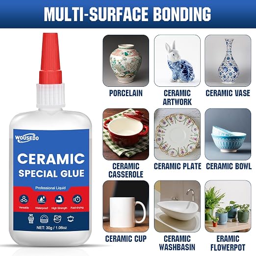 WOUSEDO Ceramic Glue 2 x 30g, Waterproof & Heat-Resistant Instant Adhesive | High-Strength & Clear, Fast Curing Super Glue for Porcelain, Clay Pots, Figurine, Pottery, Dishes Repair, DIY Crafts.