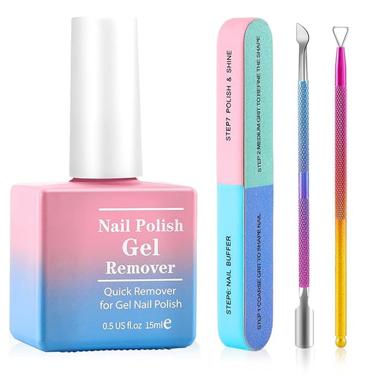 Gel Nail Polish Remover, Professional Gel Polish Remover for Nails Non-Irritating Easily & Quickly Remove Nail Polish, Gel Remover Tools Kit Nail File Cuticle Pusher Nail File Grit