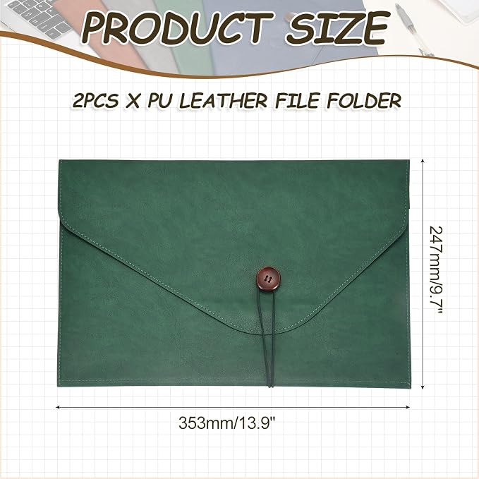 PATIKIL 2Pcs Leather Folder, 14x10 Leather Document Holder File Folder PU Pouch Bag Portfolio File Organizer Button Personal Envelope Waterproof for Traveling Office Men Gift, Green