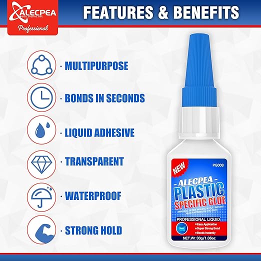 ALECPEA 30g Plastic Glue - High-Strength Acrylic & PVC Welder for Model Kits, Electronics & DIY Crafts - Instant Adhesive for ABS, PC & Hard Plastics - Quick 15s Set with 3 Precision Tips