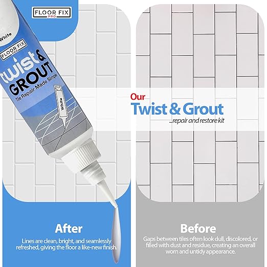 Floor-Fix Pro Twist & Grout Repair Kit – Premixed Waterproof Grout Repair & Grout Paint Pen Alternative – Fast Tile Grout Reviver for Bathroom, Shower & Kitchen – Crack-Resistant (White, 8.8 Fl Oz)