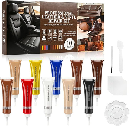 Leather Repair Kit for Furniture, Sofa, Jacket, Car Seats & Purse, 10 Color Vinyl Repair Kit with Easy Instructions to Match More Color, Restore Tears, Scratches on Genuine, Bonded Leather