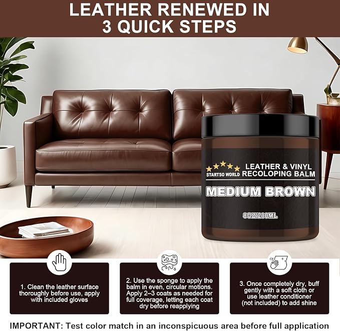 STARTSO WORLD Leather Recoloring Balm, Medium Brown Repair Kit for Furniture, Leather Dye, Color Restorer for Couches, Couch Paint | Repair, Restore & Renew Old, Faded Surfaces