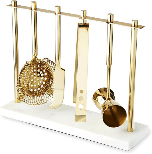 Twine Bar Tool Set Includes Hawthorne Strainer, Citrus Knife, Ice Tongs, Double Jigger with Marble Display Stand for Classic Cocktails and Cold Brew Drinks, Home Bar Cart Accessories, 4-Piece, Gold